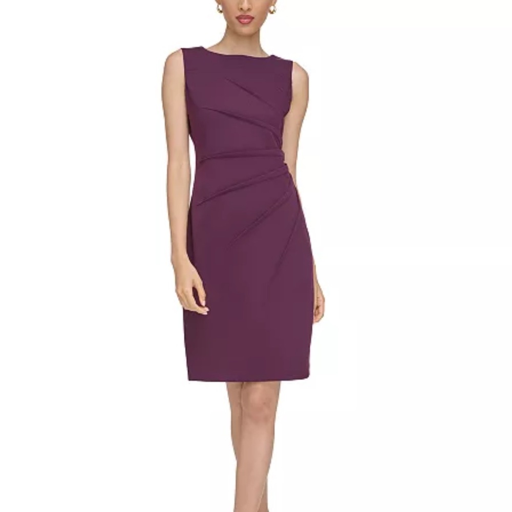 CALVIN KLEIN Melodie Starburst Ruched Aubergine Sheath Dress Elegant Office